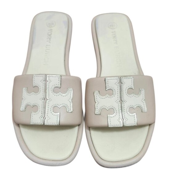 Tory Burch Women Leather Slide Sandals Double T Logo Beige Cream Flat Slip On 10 - Picture 3 of 13